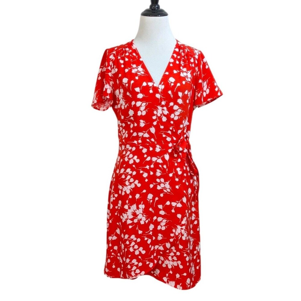 J. Crew True Wrap Dress - Orange & White Botanical Floral Print - Size 2 Womens